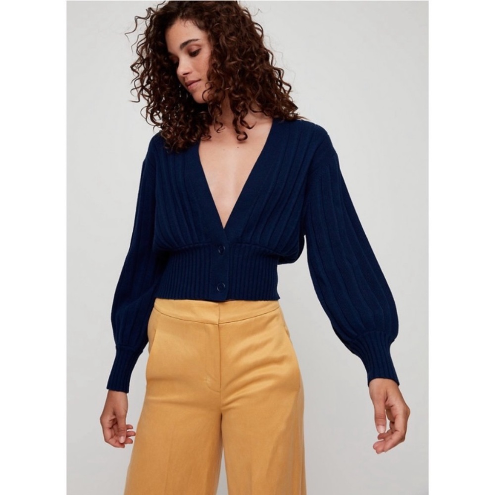 NWOT Navy Blue Artizia Wilfred Plunge Front Cardigan Knit Sweater